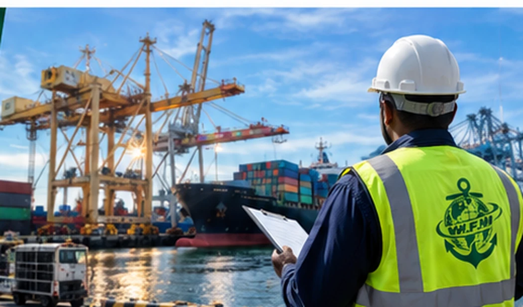 Port and cargo operations with a shipping professional inspecting freight